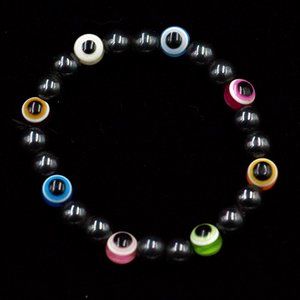 MAGNETIC HEMATITE & MULTI-COLORED EYE BEAD STRETCH BRACELET - JBBHmE1